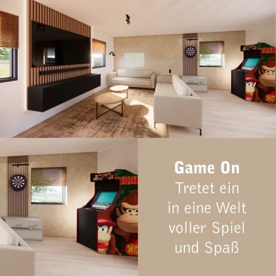 Modern eingerichteter Wohnraum mit großzügigem Lounge-Bereich, großem Flachbildfernseher, stilvollen Holzelementen, gemütlichem Sofa, Dartboard und einem klassischen Arcade-Automaten für Spielspaß.